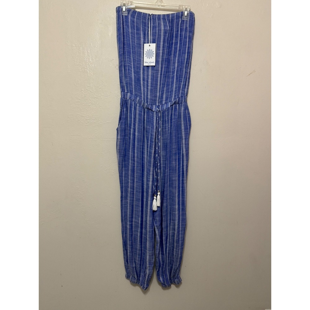 Blue‎ Island Beach Strapless Striped Jumpsuit Blue White Tassel Waist Medium NWT